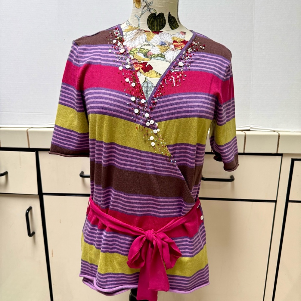 ALAIN MANOUKIAN TOP WRAP BLOUSE SCARF BELT BEADED NECK SILK BLEND SIZE 10